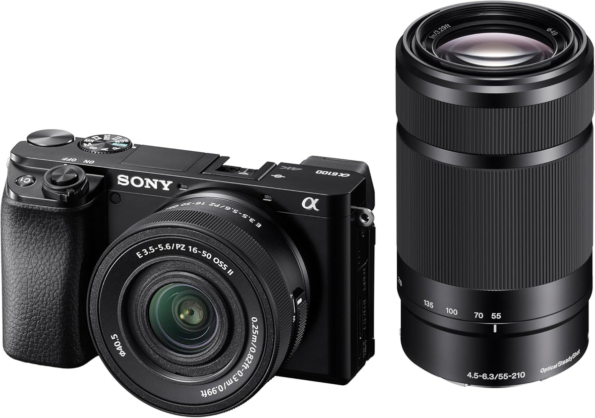Sony Alpha 6100 APS C Systemkamera Bundle - 16 bis 50 mm und 55 bis 210 mm Objektive - 0,02 s Autofokus mit Augenerkennung - 4K Video und neigbares Display