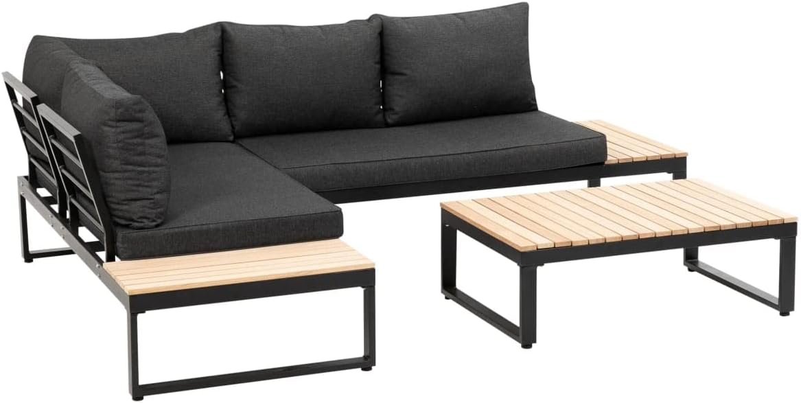 greemotion Rio Lounge Set Aluminium und Akazienholz - FSC 100 zertifiziertes Gartenmöbel Set - Moderne Outdoor Sitzgruppe - Schwarz Holzfarben Grau