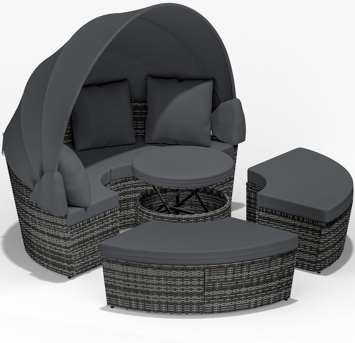 Casaria Sonneninsel Gartenliege für 2 Personen - 185 cm Relaxliege mit faltbarem Sonnendach und Tisch - Outdoor Lounge Set - Grau