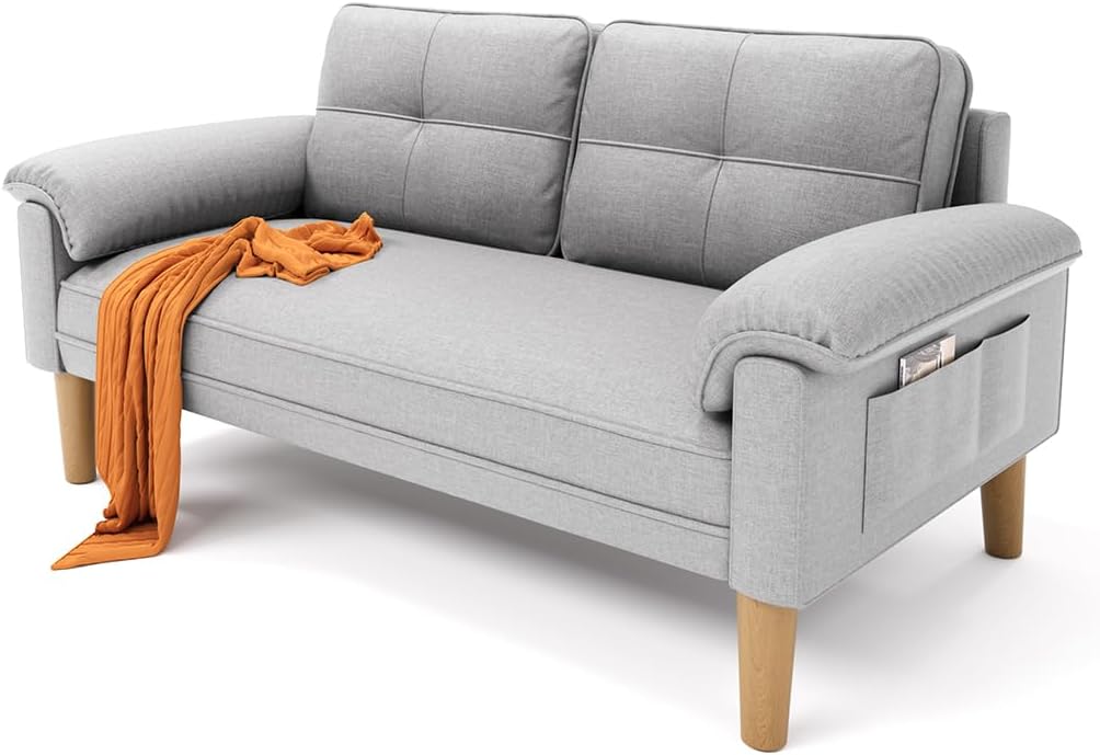 Xbro 2 Sitzer Sofa - Hellgraue Stoffcouch mit Armlehnen - Kleine Couch mit Seitentasche - 145 x 77 x 77 cm für Wohnzimmer Wohnung Büro