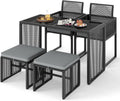 GIANTEX Rattan Gartenmöbel Set - 5 teiliges Balkon Set für 4 Personen - 2 Stühle mit Hockern und Kissen - Platzsparende Sitzgruppe Schwarz Grau