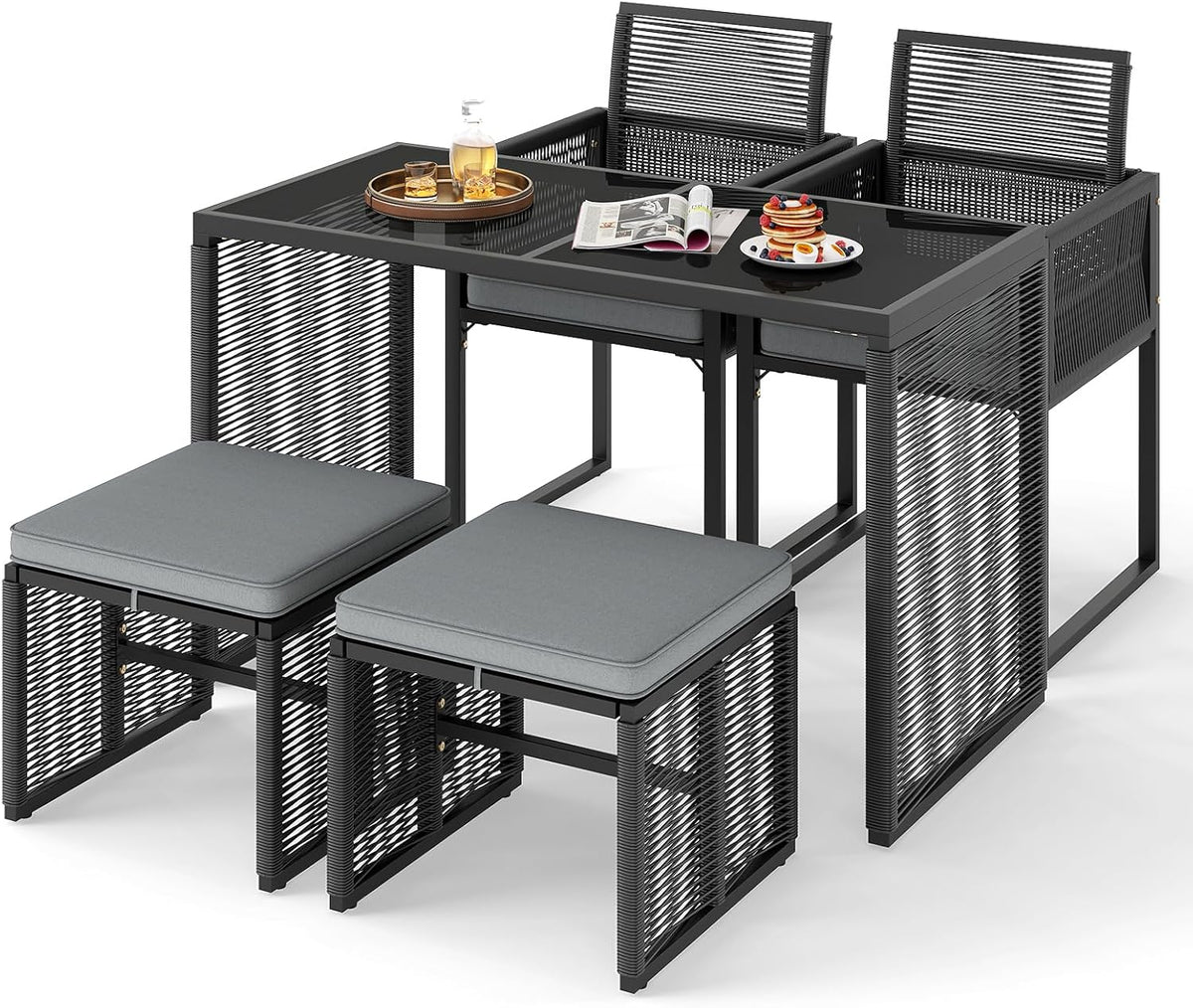 GIANTEX Rattan Gartenmöbel Set - 5 teiliges Balkon Set für 4 Personen - 2 Stühle mit Hockern und Kissen - Platzsparende Sitzgruppe Schwarz Grau