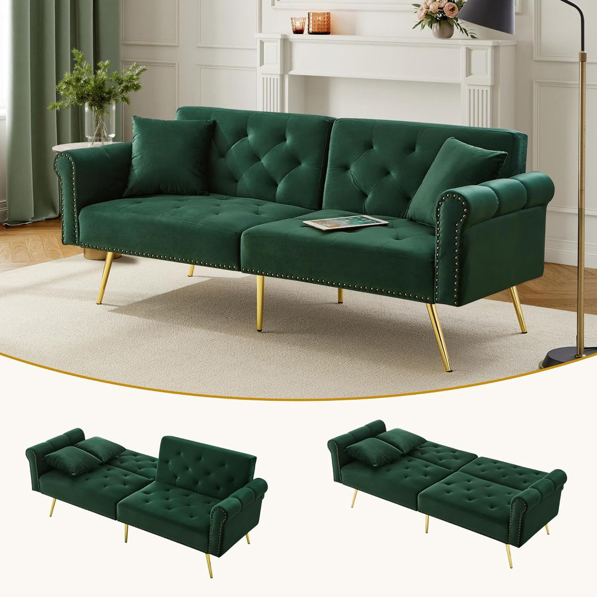 2 Sitzer Schlafsofa - 173 x 75 x 70 cm mit Samtbezug - Antique Green mit verstellbarer Rückenlehne - Modernes Klappsofa für Wohnzimmer Wohnung Büro