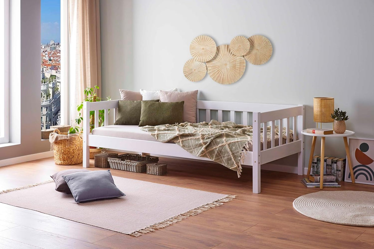 Inter Link Sintro Tagesbett 90 x 200 cm - Massives Kiefernholz mit Lattenrost - Sofa Gästebett und Schlafsofa - Weiß lackiert