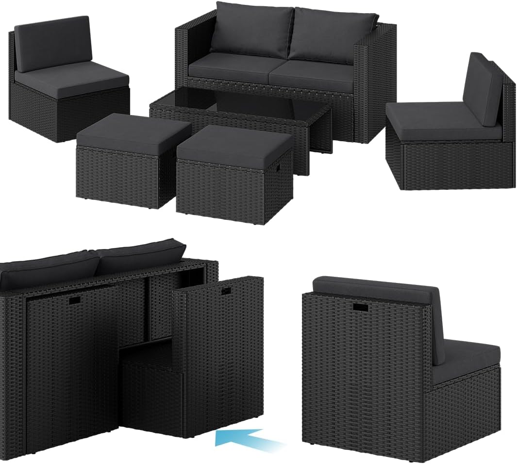 STEELSON Noctura Rattan Gartenmöbel Set 6 teilig - Outdoor Lounge mit Sofa Sessel Tisch und Hocker - Wetterfeste Sitzgruppe mit Metallgestell - Schwarz Anthrazit