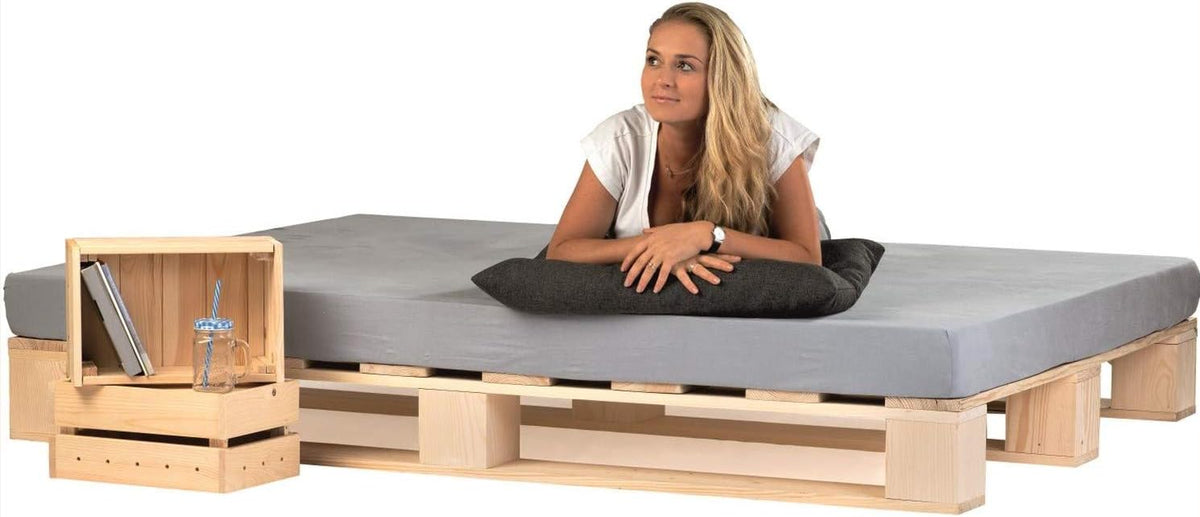 sunnypillow Palettenbett 200 x 200 cm - Massivholzbett aus Fichte Naturholz - Holzbett im Palettenmöbel Design - Modernes Bett Montage erforderlich Natur