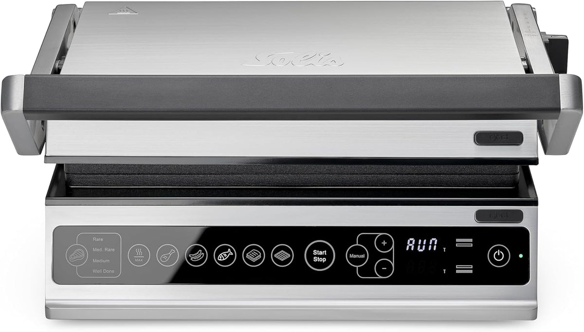 Solis Contact Grill Pro 7953 Kontaktgrill 2000 W - 180 Grad aufklappbar mit Antihaftplatten - Panini Steak Gemüse und Waffeln - Edelstahl mit spülmaschinenfesten Platten