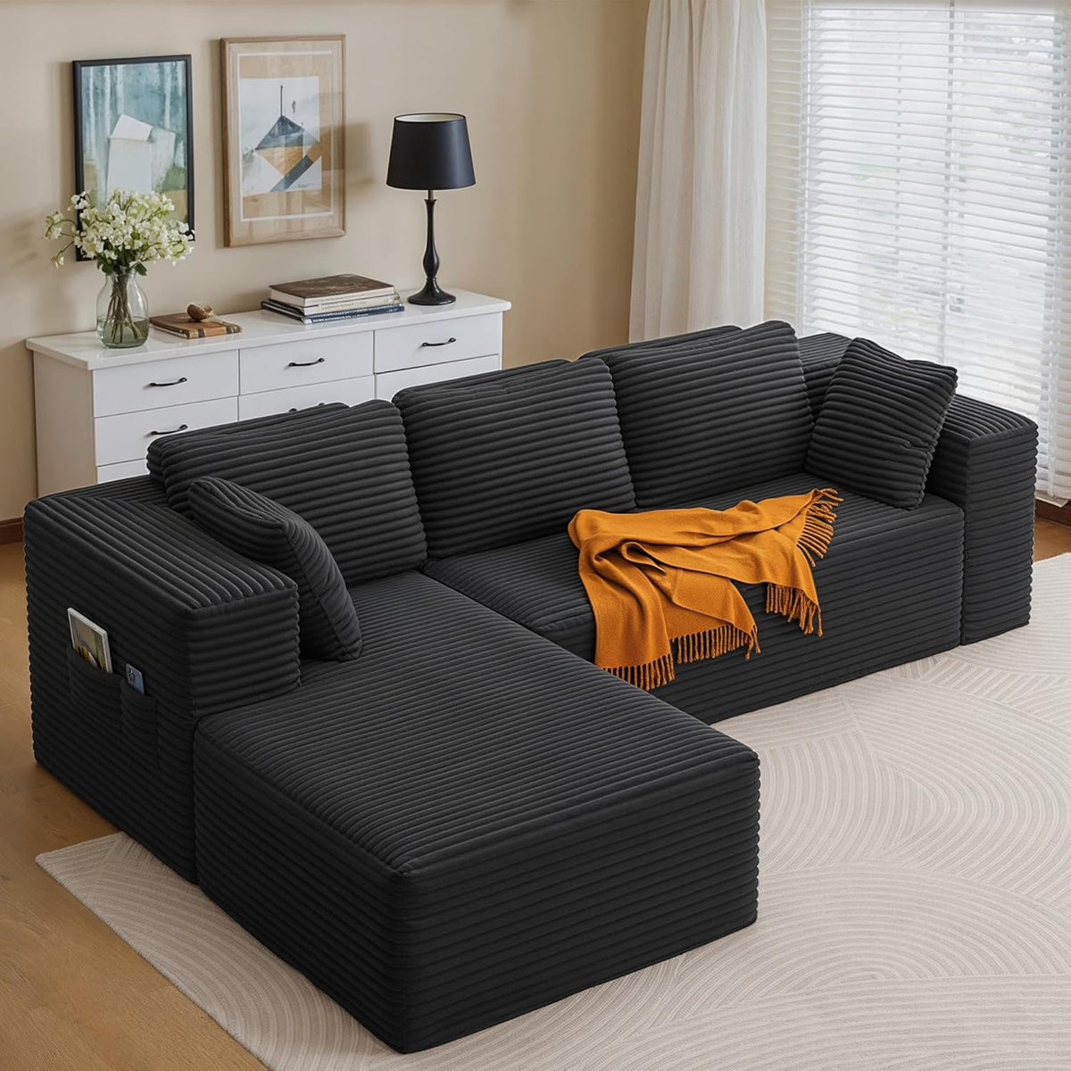 Xbro Ecksofa L Form 3 Sitzer modular - Montagefreie Cord Couch mit Kissen und Seitentaschen - Flexibel kombinierbar für Wohnzimmer Schlafzimmer - Schwarz