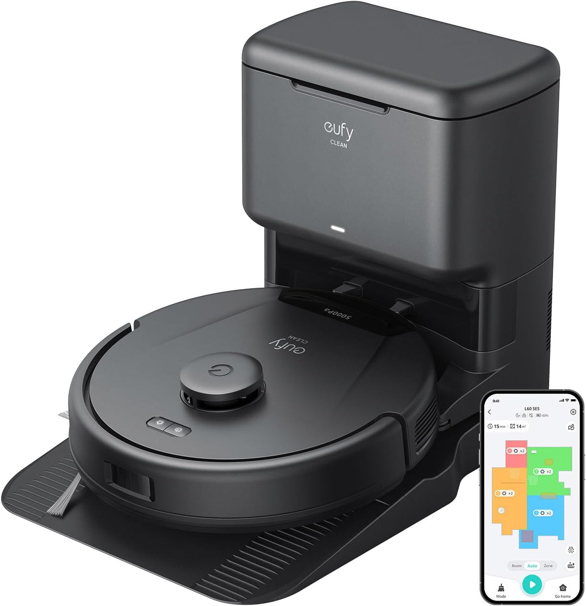Saugroboter mit Absaugstation L60 - 5000 Pa Saugkraft - iPath Laser Navigation und Anti Haar System - für Hartböden Teppiche und Tierhaare