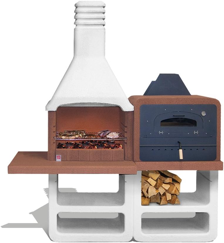 Sarom Portofino Gartengrillkamin - Holzkohle Grillkamin mit Edelstahlofen - Outdoor Grill Cappuccino Grau