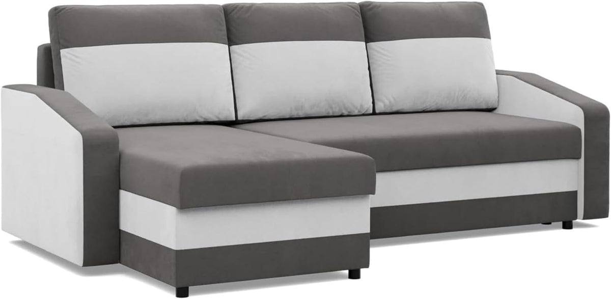 Mebligo Orion Ecksofa mit Schlaffunktion - L Form mit Bettkasten und universeller Seite - Mikrofaser Schlafcouch 231 x 140 x 85 cm - Grau Weiß