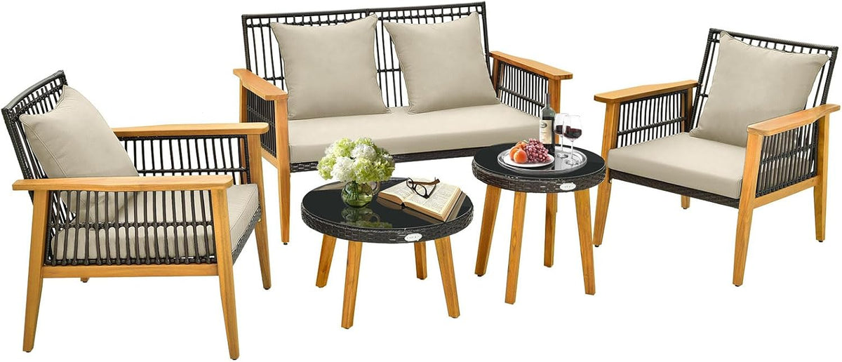 GIANTEX Rattan Gartenmöbel Set 5 teilig für 4 Personen - Outdoor Lounge mit Akazienholzrahmen - Sessel Doppelsitzer und Sitzkissen - Beige Braun Schwarz