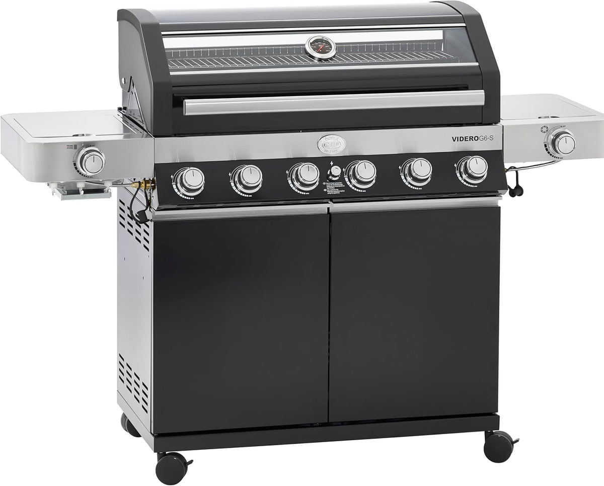 RÖSLE VIDERO G6 S Gasgrill - 6 Edelstahlbrenner mit Primezone - Seitenbrenner und klappbare Seitentische - VARIO Grillstation aus pulverbeschichtetem Stahl Schwarz