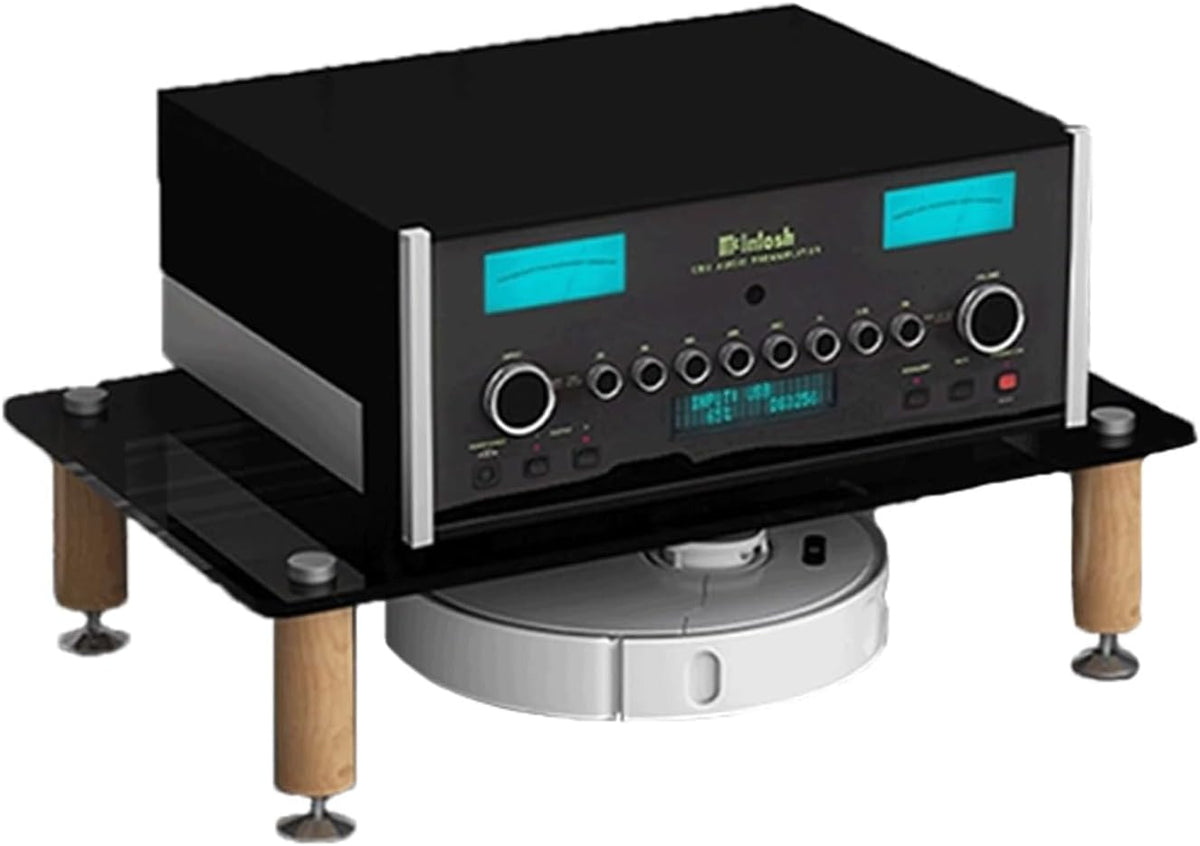 Audio Rack Ständer 4 Ebenen - Gehärtetes Glas und Buchenholz - HiFi Audio Video Turm mit Fußpads - 60 x 48 x 45 cm