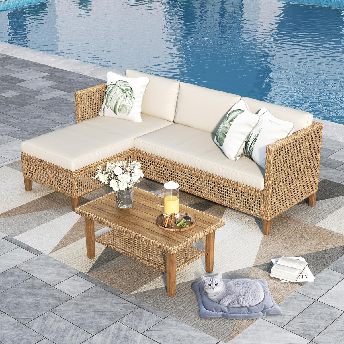 PHI VILLA Rattan Gartenmöbel Set 3 teilig - Chaiselongue Zweisitzer Sofa und Couchtisch - Lounge Möbel für 4 Personen - Beige