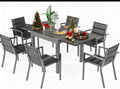 Devoko Gartenmöbel Set für 6 Personen - Aluminium Tisch ausziehbar 80 bis 160 cm und 6 Stapelstühle - Terrassen Sitzgruppe - Dunkelgrau