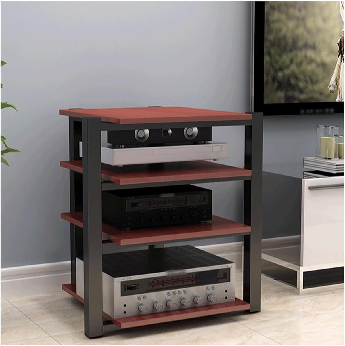 AV Medienständer 4 Ebenen - Audio Video Regal mit verdickter Holzplatte - Stabiler Stahlrahmen - Offenes Stereo Rack für HiFi Komponenten Rosso
