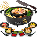 Elektrischer Hot Pot Tischgrill - Thai Grill und Korean BBQ mit Asia Fondue Geschirr - Santoku Messer und 6 Grillzangen - Schwarzes Grillset 43 x 35 x 12 cm