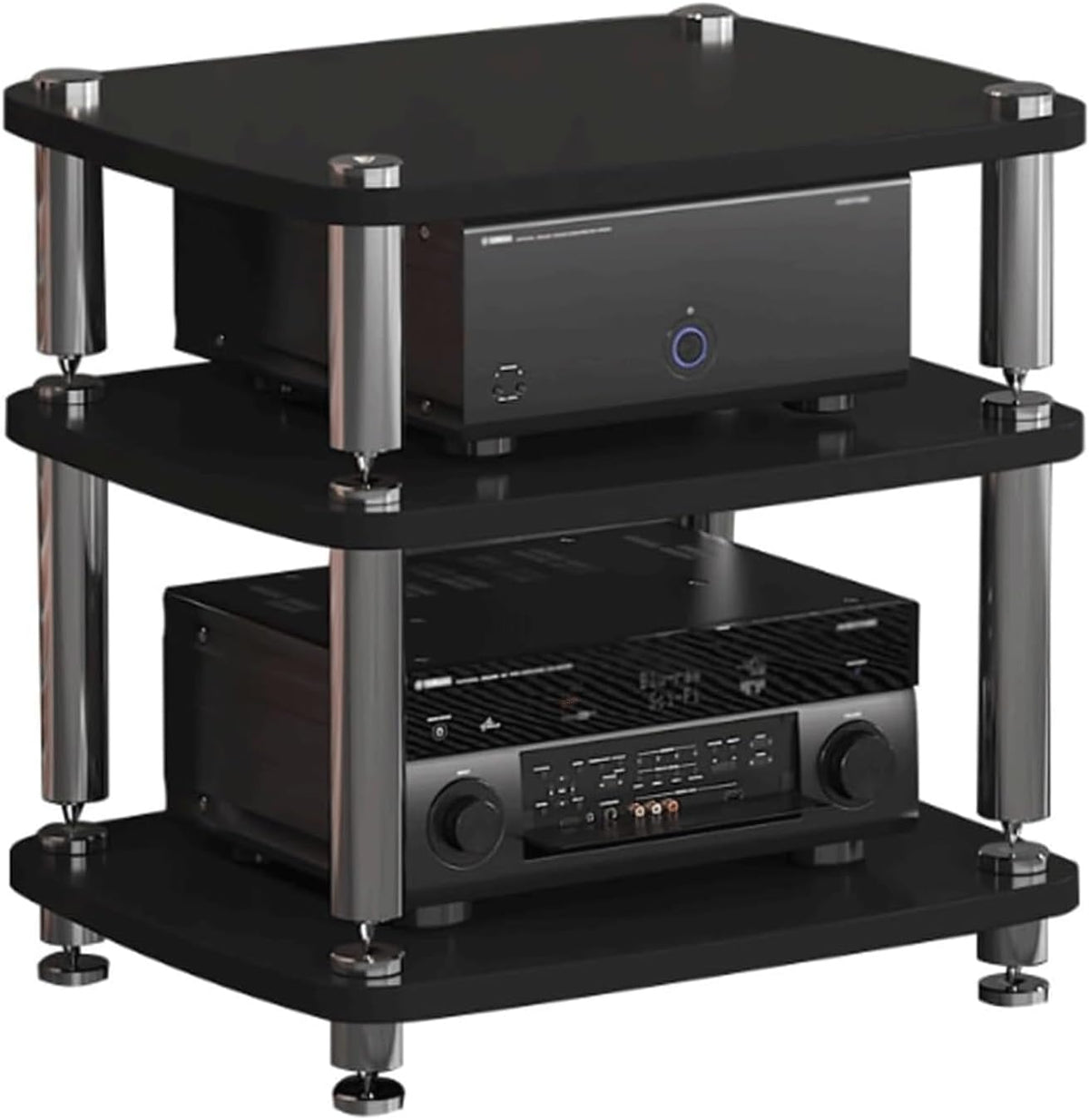Audio Rack Turm - 3 Ebenen aus Holz für CD Player und AV Komponenten - Schwarzer Stereo Medienständer - Für Zuhause Büro Audio Video Heimkino