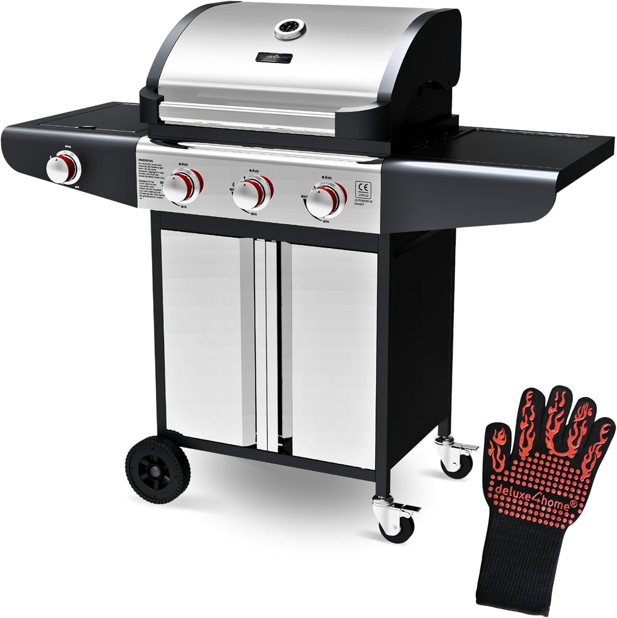 Gasgrill BBQ Grillwagen XXL - Gasgrill mit Deckel und Seitenbrenner - Thermometer Seitenablage Silber