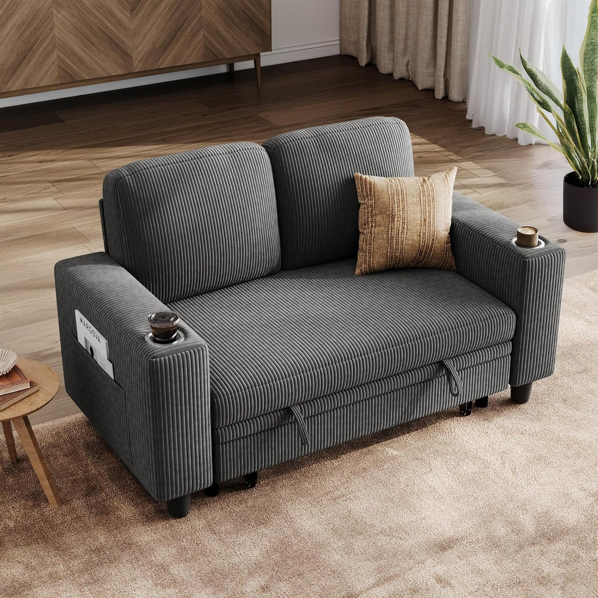 LINSY HOME 2 Sitzer Sofa mit Stauraum - Dunkelgraue Plüsch Cord Couch - Loveseat mit Getränkehaltern - Modernes Sofa für kleine Räume