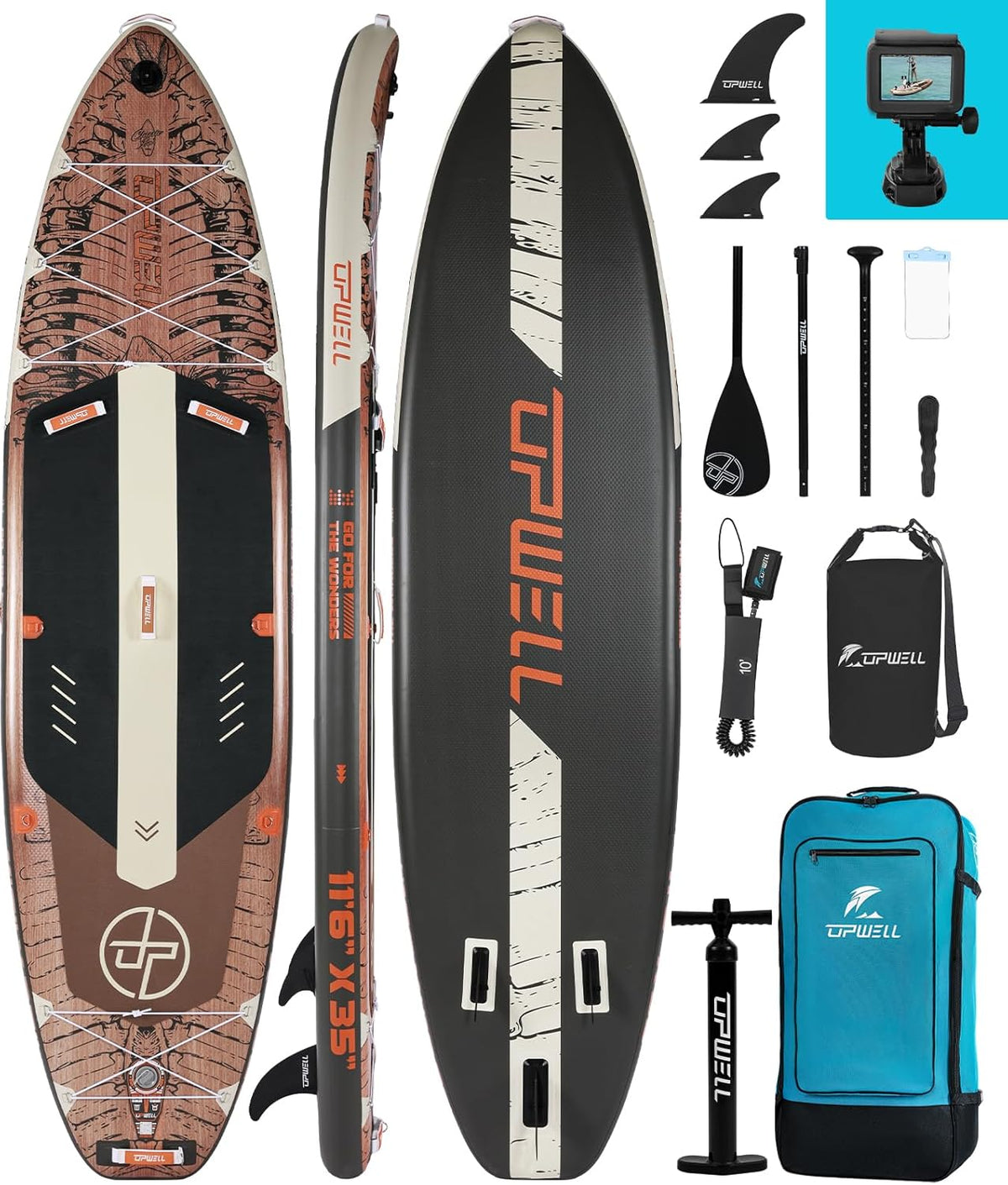 Stand Up Paddle Board 350 x 89 x 15 cm - aufblasbares SUP aus PVC im Jurassic Design - rutschfestes Deck und Kajaksitz - Set mit Paddel Pumpe Rucksack und 3 Finnen