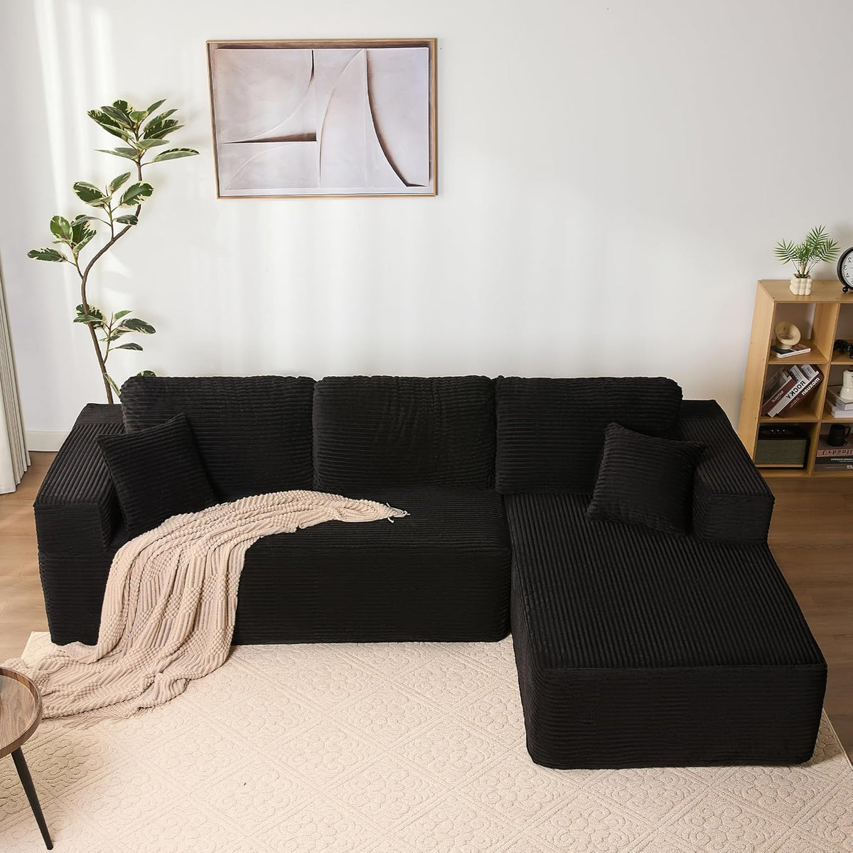 Modulares Ecksofa L Form mit Schlaffunktion - Rahmenlose Cord Couch mit Chaiselongue rechts - Extra tiefe Sitzfläche montagefrei - Schwarz