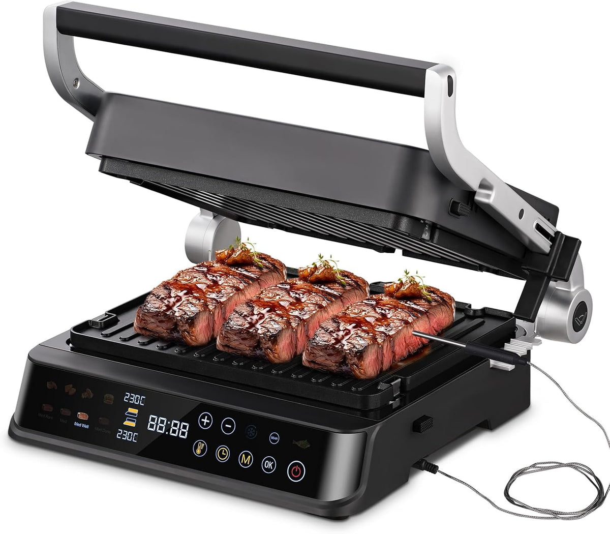 AMZCHEF XL Kontaktgrill 4 in 1 Elektrogrill - 2000 W mit Temperatursensor und GrillBoost - Wechselbare Antihaft Grillplatten