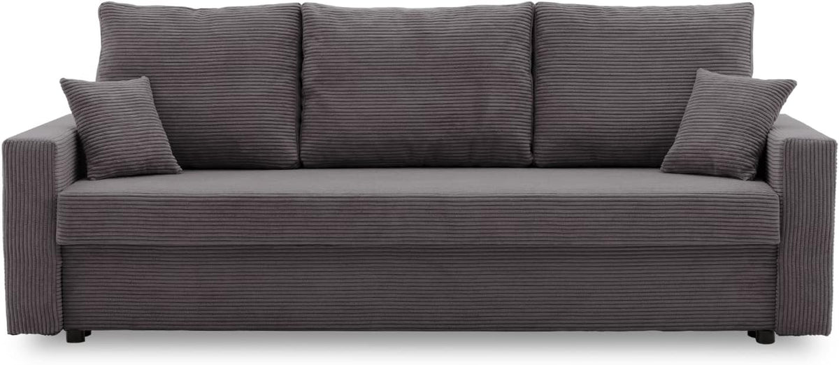 Couch Aikido I Schlafsofa - 223 x 90 x 75 cm für 3 Personen - Cord Poso 022 mit Bettkasten und Kissen - Moderne Couch mit Schlaffunktion