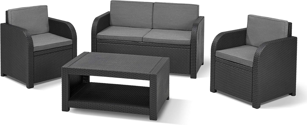 Allibert by Keter Modena Gartenmöbel Set 4 teilig - Kunststoff Lounge mit 2 Sesseln Sofa und Tisch - Sitzgruppe mit Sitzkissen in flacher Rattanoptik - Grau
