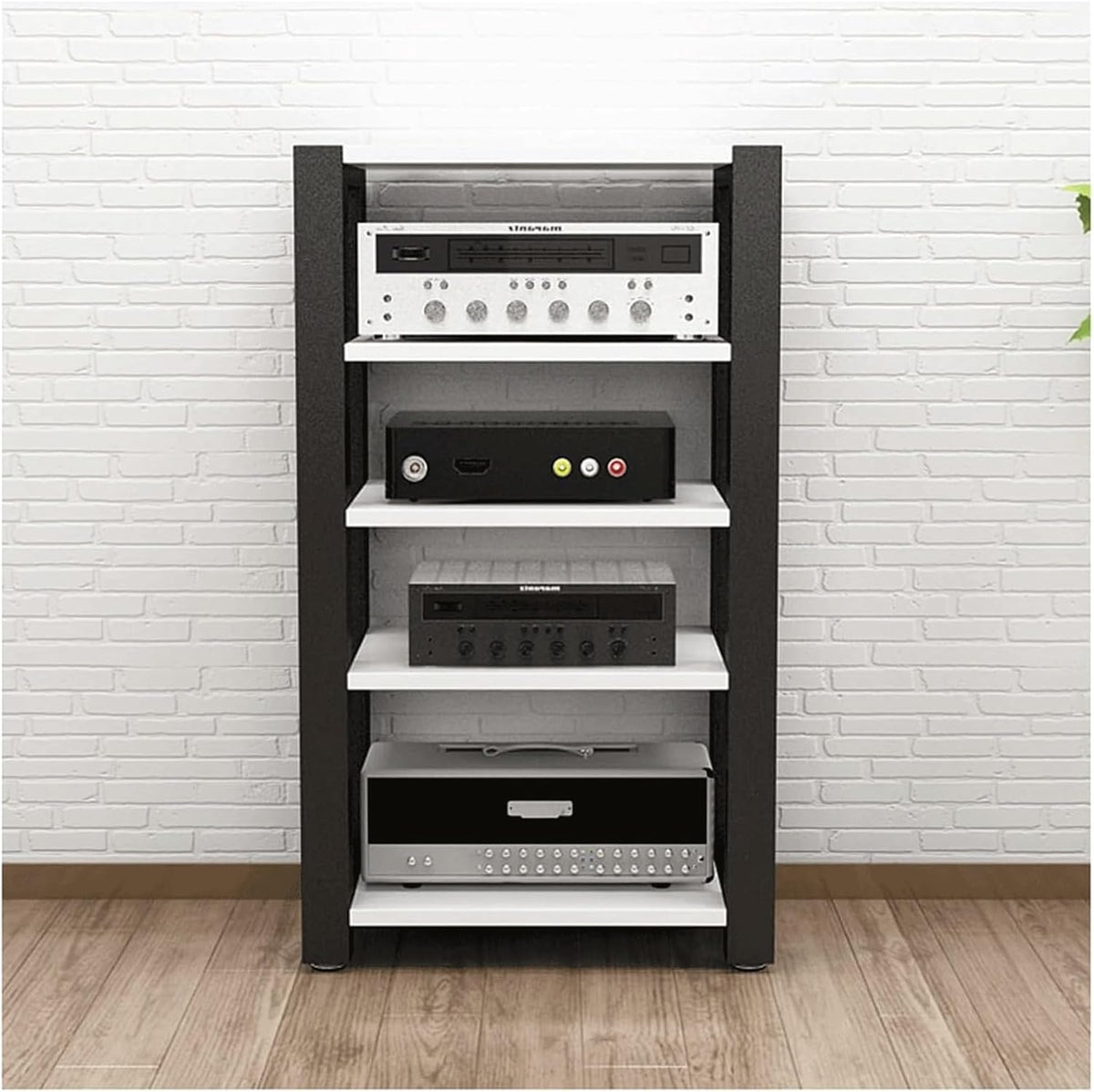 Audio Rack Turm - 5 Ebenen verstellbar - Weißer AV Medienständer zur Bodenmontage - Moderne Audio Video Regale für Stereo und Heimkino Geräte