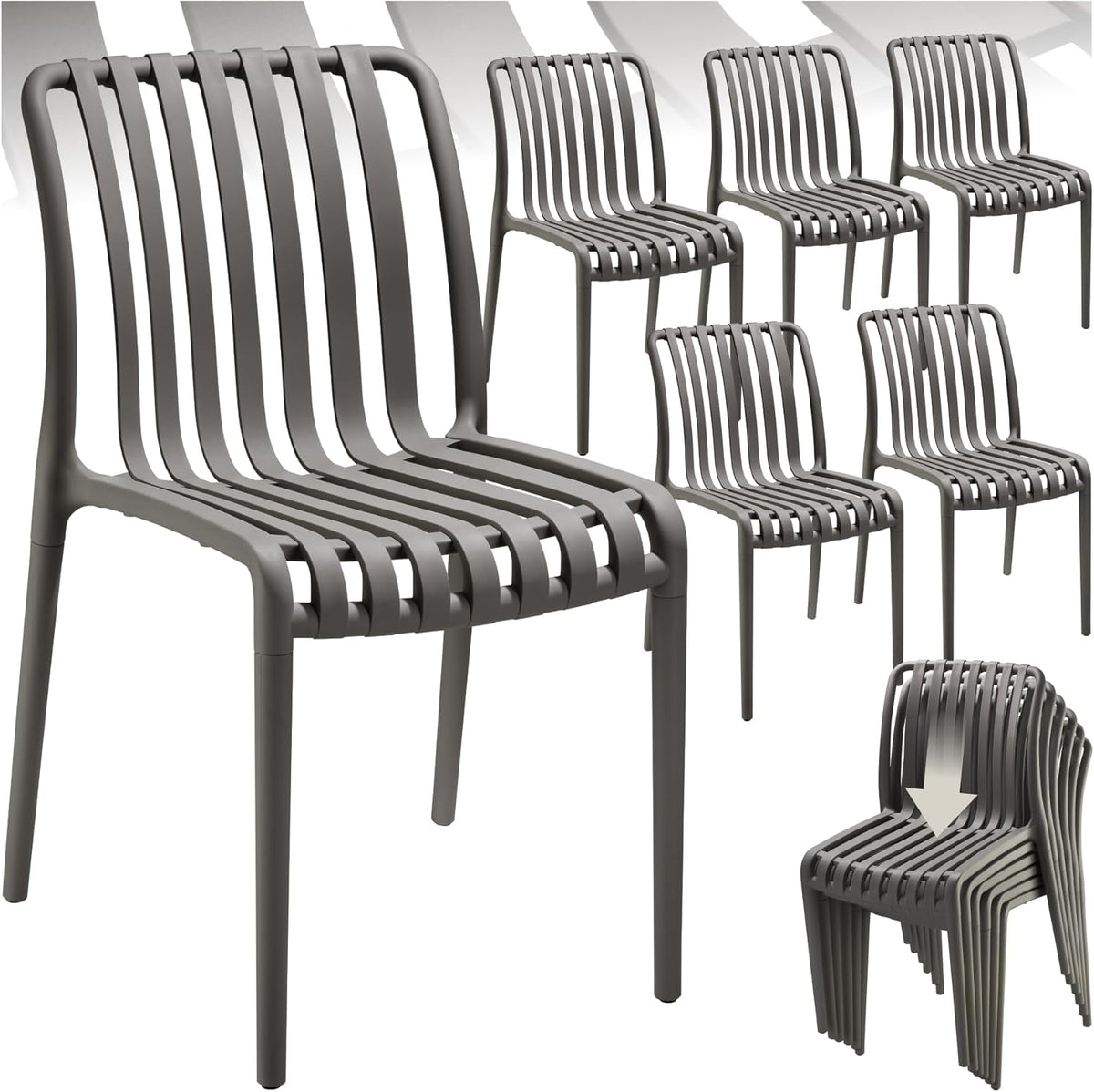 tectake Gartenstühle stapelbar - 6er Set aus Polypropylen - 58 x 47 x 80,5 cm Anthrazit - Platzsparende Outdoor Stühle für Balkon Terrasse Garten