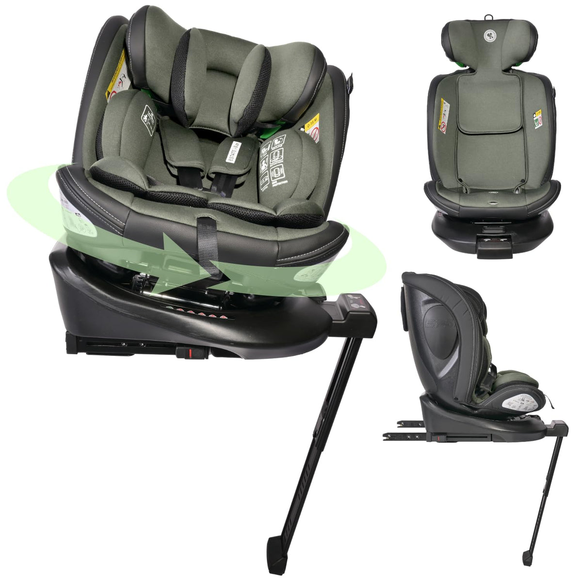 Lorelli Estate i Size Kindersitz 40 bis 150 cm - 360 Grad drehbar mit ISOFIX Basis und Stützbein - Mitwachsend bis 36 kg - 5 Punkt Gurt und Kopfstütze Grün