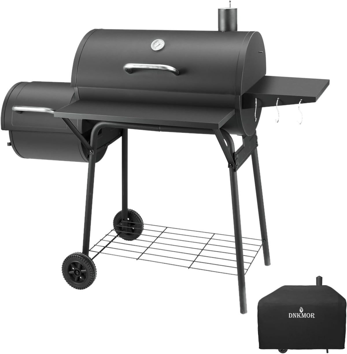 DNKMOR Smoker Holzkohlegrill mit Beistelltisch - Grillwagen mit Thermometer und verstellbarer Lüftung - Schwarz