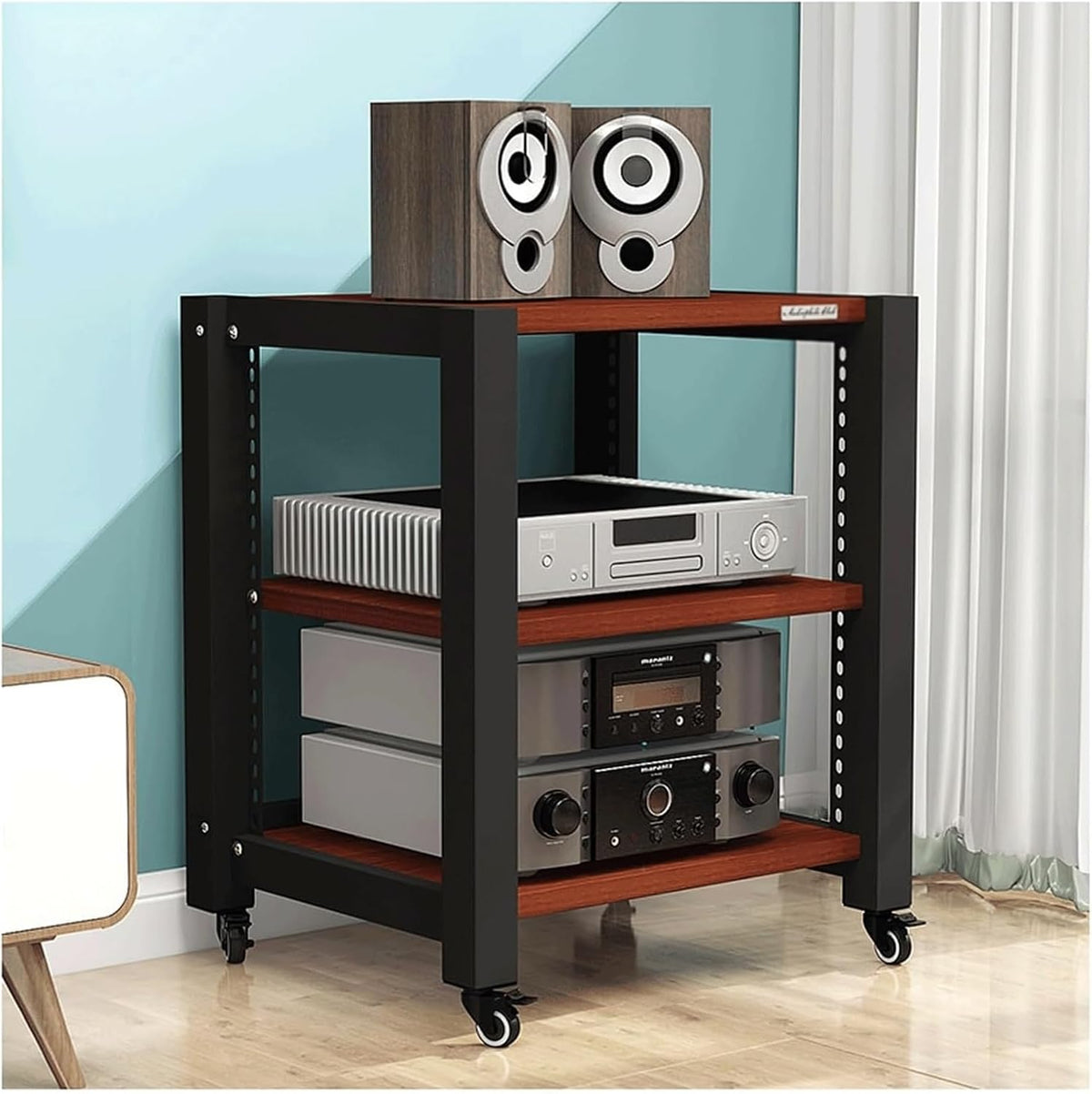 Audio Rack mit Rollen - 3 Ebenen aus Holz - Brauner AV Medienständer mit verstellbaren Ablagen - Mobiler Stereo Schrank für Zuhause und Heimkino