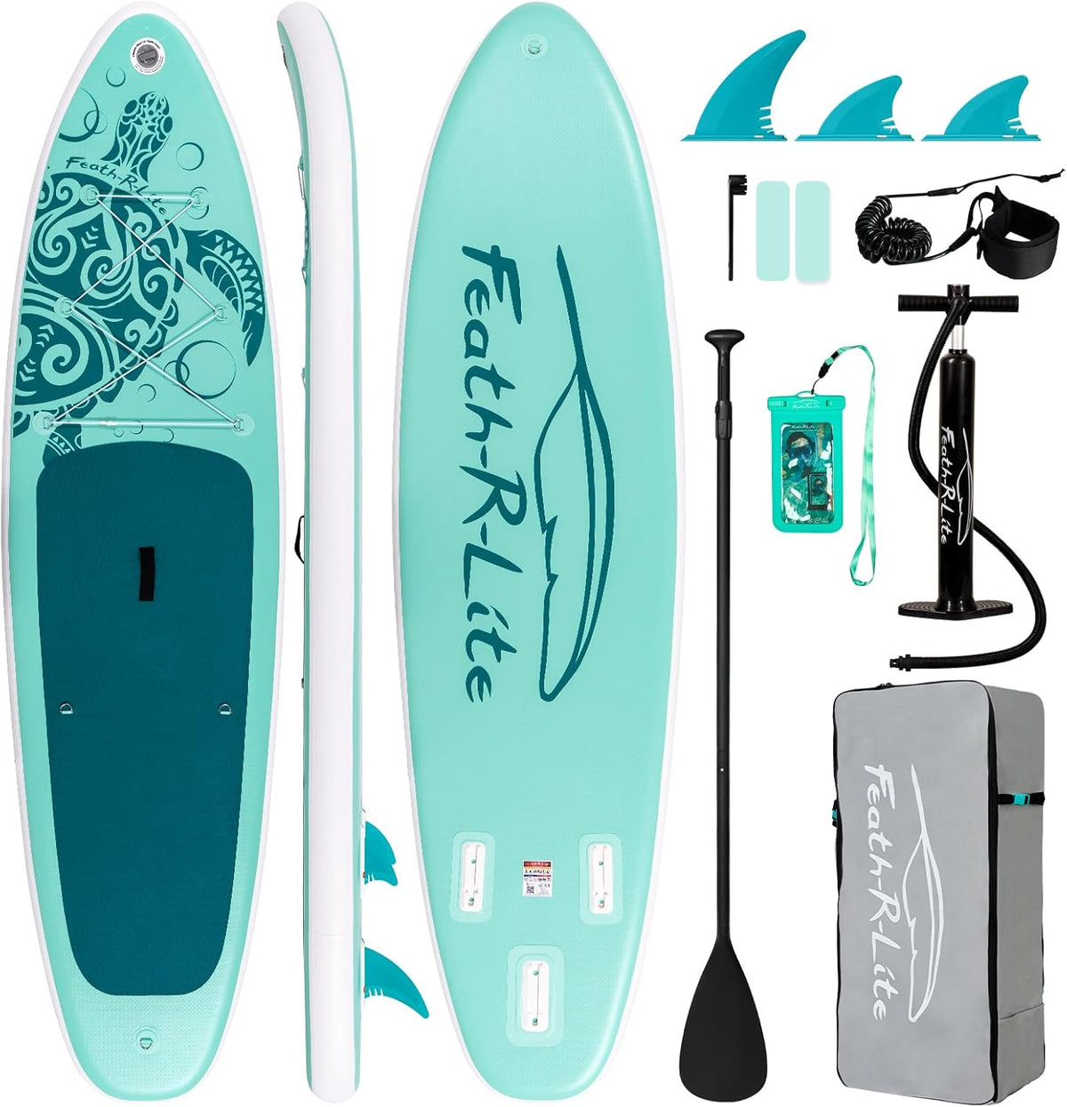 FEATH R LITE Aufblasbares SUP Board - Ultraleichtes Stand Up Paddle Board Set - Paddel Pumpe Rucksack Leine und Flossen