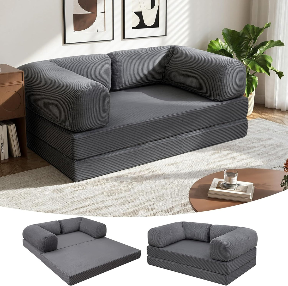 MeMoreCool Boneless Schlafsofa 4 in 1 - 150 x 90 x 60 cm für 1 Person - Kordsamt Grau mit Armlehnen - Faltbare Couch Matratze und Schlafsessel