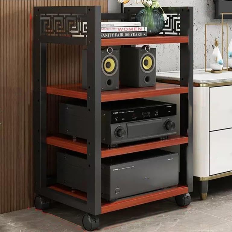 Stereo AV Rack 4 Ebenen - Rollbarer Audio Medienständer mit Stahlrahmen - Verstellbarer HiFi Schrank für Verstärker Plattenspieler und Media Geräte
