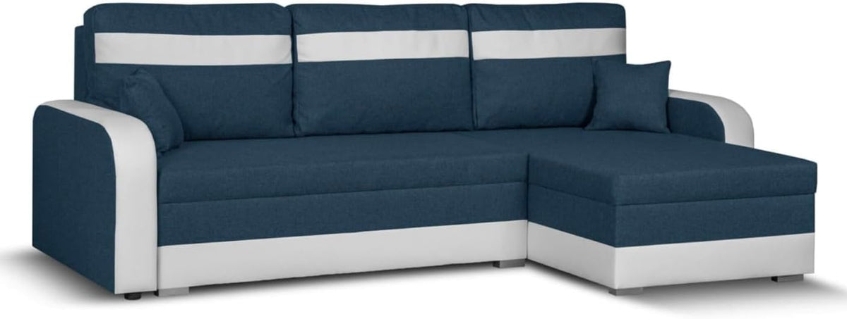 CONDI Ecksofa Schlafsofa - 214 x 140 x 78 cm für 3 Personen - Marienblau Weiß mit Bonellfederkern - L Form mit Bettkasten und Hocker