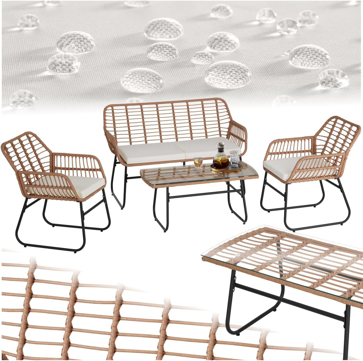 tectake Rattan Gartenmöbel Set für 4 Personen - Gartenbank 2 Stühle und Tisch - Outdoor Sitzgruppe für Balkon Terrasse und Garten - Natur