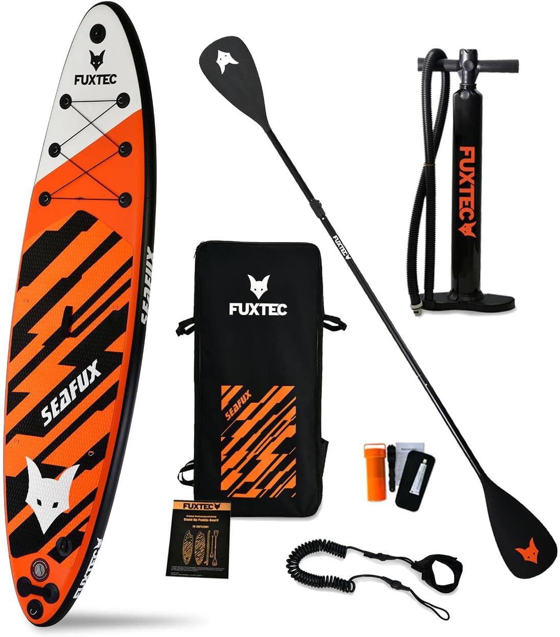 Fuxtec SUP Board Set 320 x 81 x 15 cm - Aufblasbares Touring Board bis 150 kg - 3 Finnen für stabile Spurführung - EVA Standfläche mit Rucksack Orange Weiß Schwarz