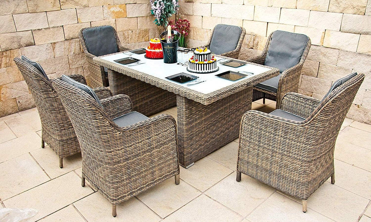 RAGNARÖK PolyRattan Garten Essgruppe - Tisch 170 x 102 cm und 6 Sessel - Aluminium mit 12 Polstern - Grau für Garten Terrasse