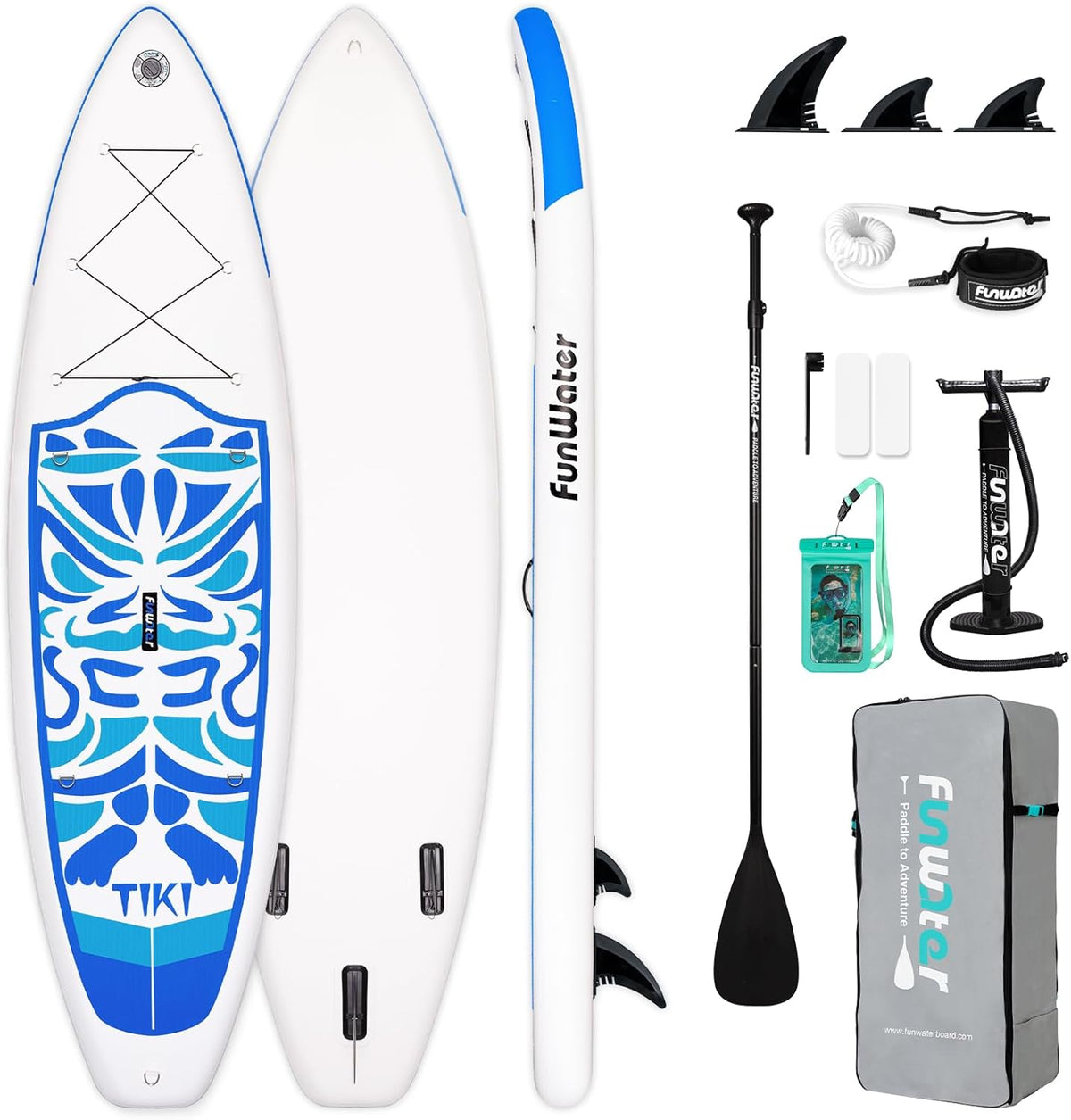 Stand Up Paddle Board 10,6 Fuß - aufblasbares SUP aus PVC in Tiki Blau - Anti Rutsch EVA Deck für Einsteiger und Familien - Set mit Paddel Pumpe und Zubehör