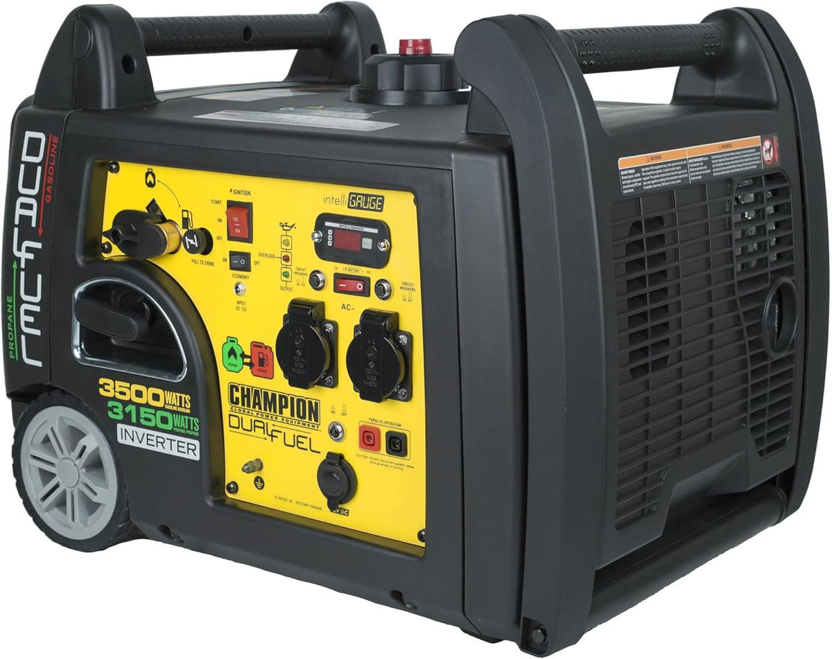 Champion 73001i DF EU Inverter Stromaggregat - 3100W Dual Fuel Generator für Benzin oder Propangas - 230V mit Griff und Radsatz - Tragbarer Generator Gelb