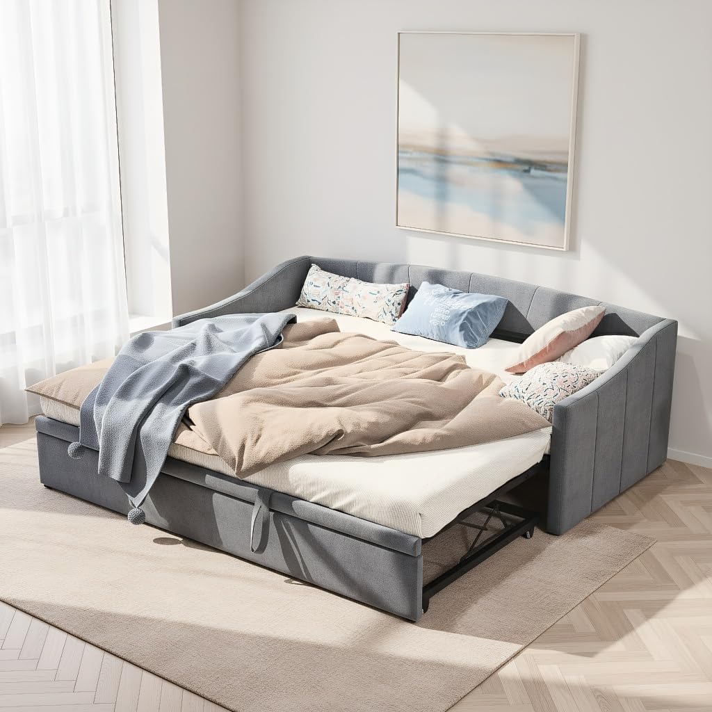 Ausziehbares Schlafsofa Tagesbett - 210 x 190 x 75 cm für 2 Personen - Ausziehbar auf 180 x 200 cm - Grau mit Bettkasten ohne Matratze