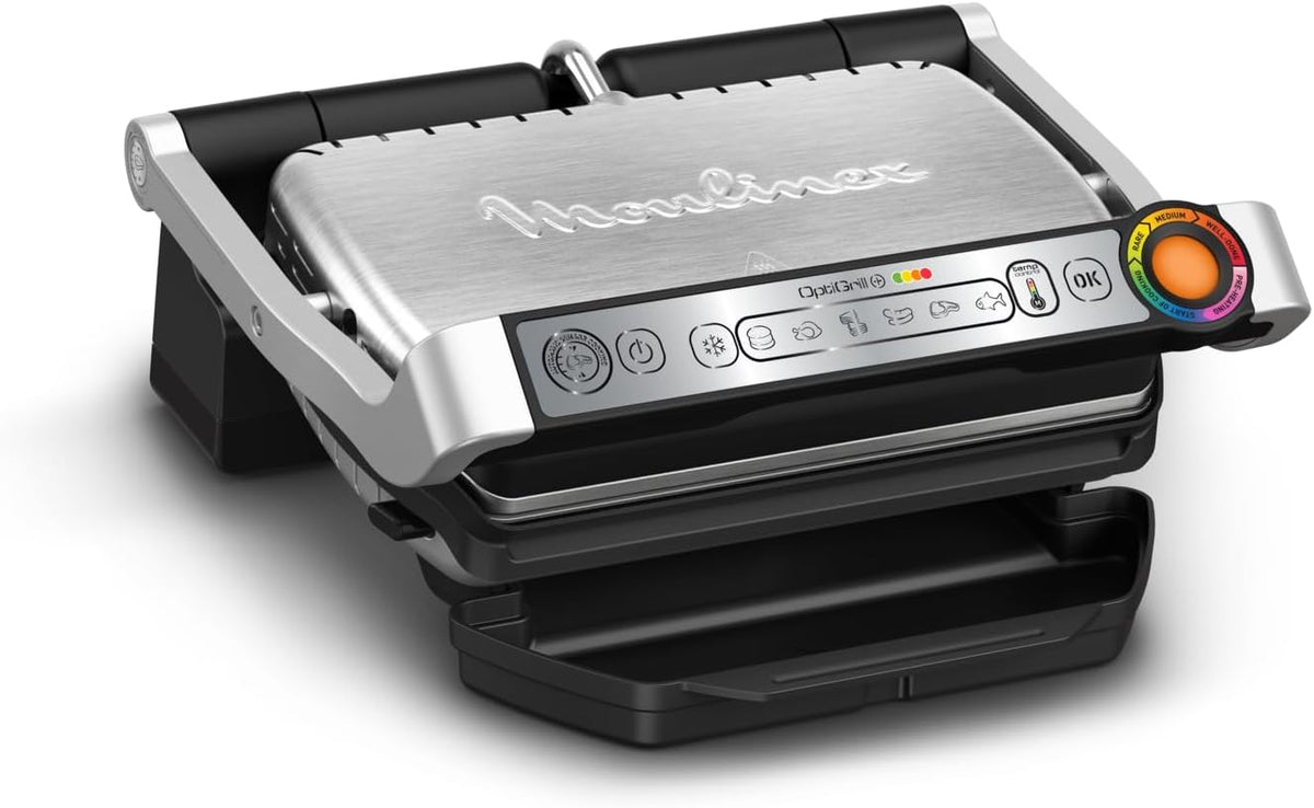 Elektro Kontaktgrill Optigrill 34,6 x 34,6 x 19 cm - 2000 Watt Leistung - 6 automatische Programme mit Kochanzeige - Antihaftplatten für Fleisch Fisch Gemüse