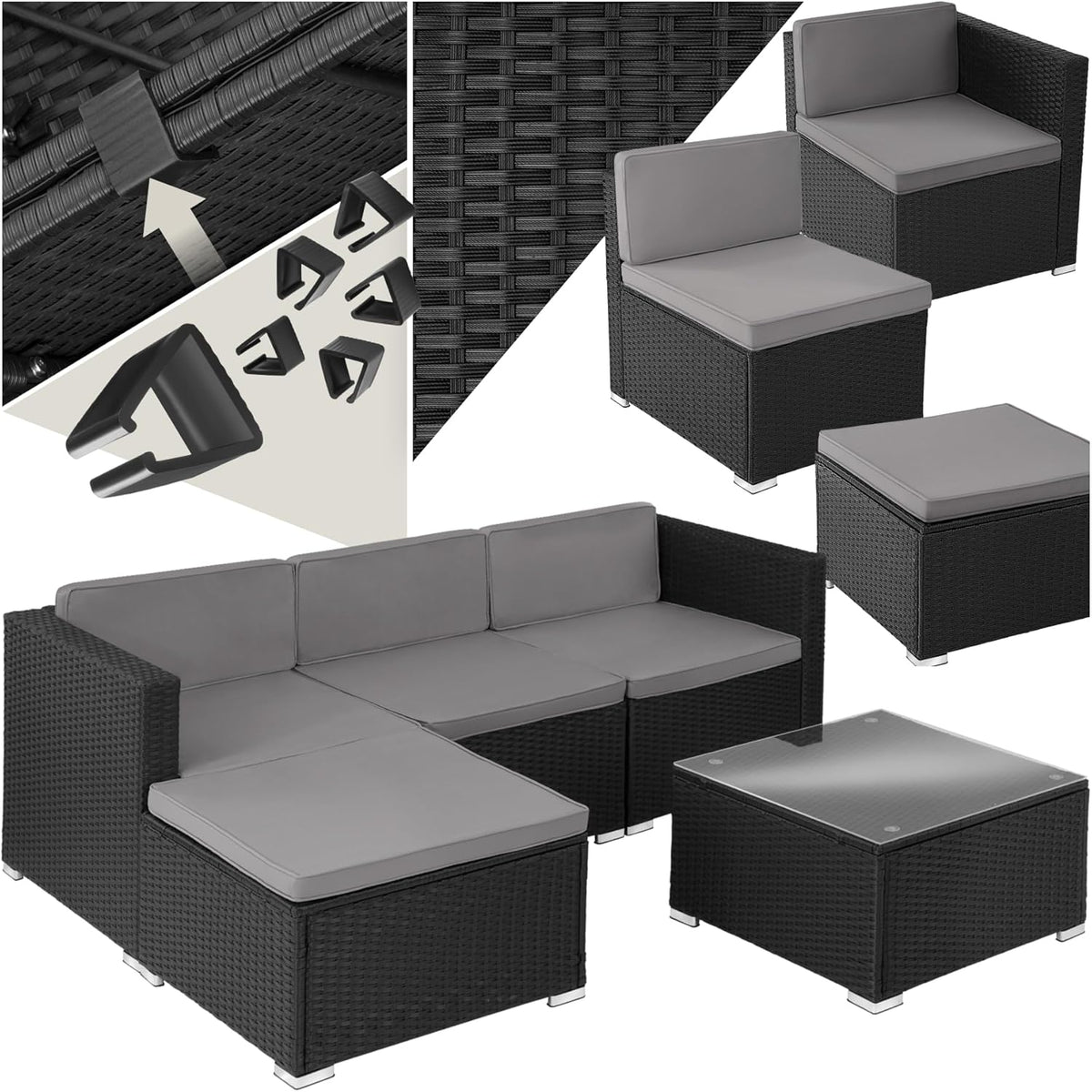 tectake Poly Rattan Gartenlounge - Für 3 bis 4 Personen - Sofa Sessel Hocker Tisch frei kombinierbar - Schwarz wetterfeste Outdoor Sitzgruppe