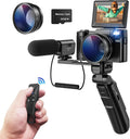 CCN Digitalkamera V01 Pro 4K 48 MP - 16X Zoom und 3 Zoll Flip Display - Weitwinkel Makro Linse mit Mikrofon Stativ Fernsteuerung - Schwarz