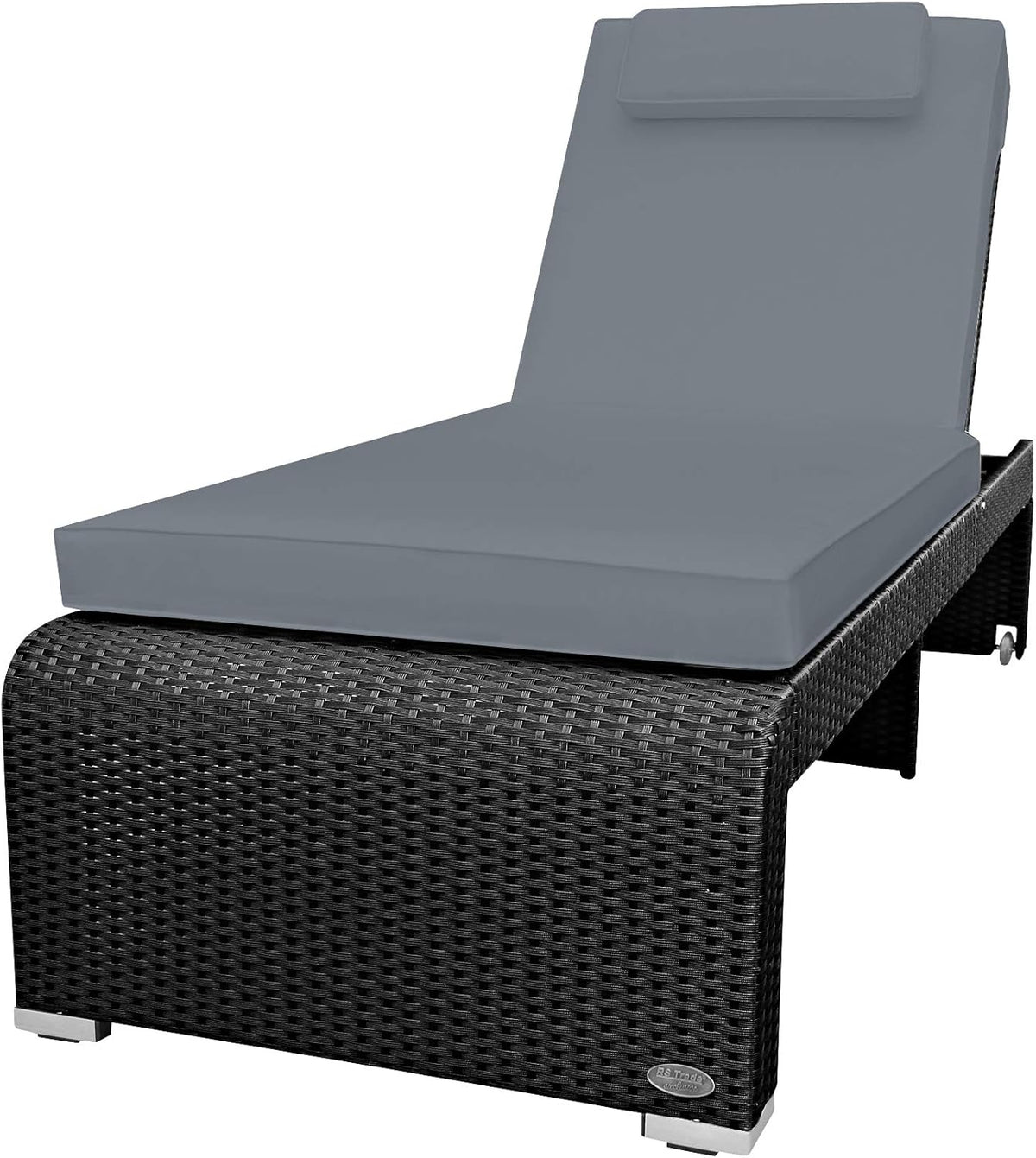 RS Trade Monza Sonnenliege 208 cm x 80 cm x 51 cm - Poly Rattan mit verstellbarer Rückenlehne - inkl Kopfteil und Auflage - Schwarz Grau