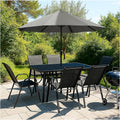 Gartenmöbel Set 8 teilig für 6 Personen - Essgruppe mit Sonnenschirm und Tisch mit Glasplatte - Stapelbare Stühle wetterfest - Schwarz
